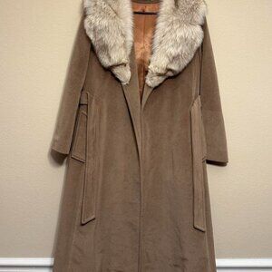 Vintage Lorendale by Bromleigh Fox Fur Trim Belted Long Brown Coat
